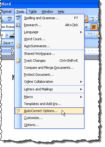 Selecting AutoCorrect Options from the Tools menu