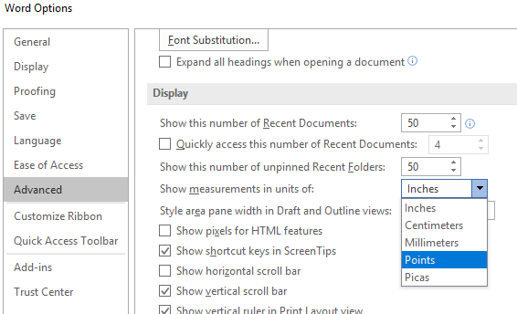 microsoft word change units of measurement