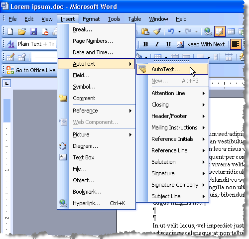 Opening AutoText in Word 2003