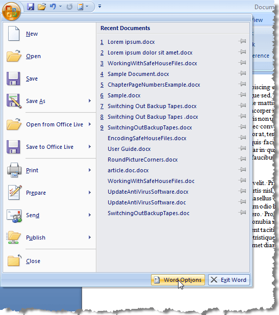 Opening Word Options in Word 2007