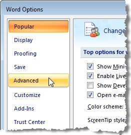 Accessing Advanced Word Options in Word 2007