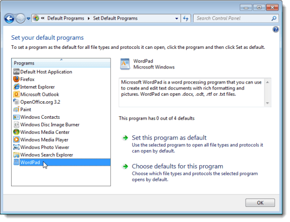 restaure le fichier par défaut pour l'association dans Windows Vista et Windows 7