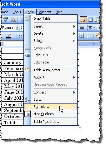 Selecting Formula from the Table menu