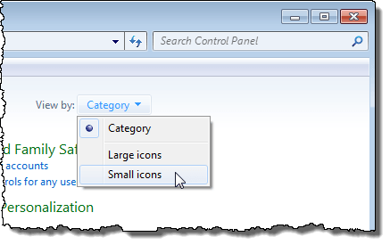 Selecting Small icons from the View by drop-down list
