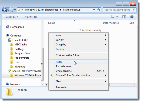 Pasting pinned items to backup folder