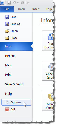 Selecting Options under File