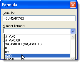 Selecting a Number format on the Formula dialog box