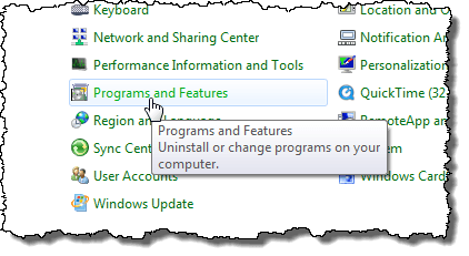 Selecting the Programs and Features tool