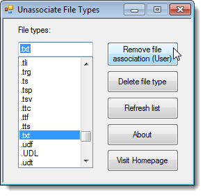 Removing a file association using the Unassociate File Types tool