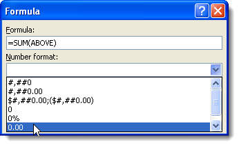 Selecting a Number format on the Formula dialog box in Word 2007