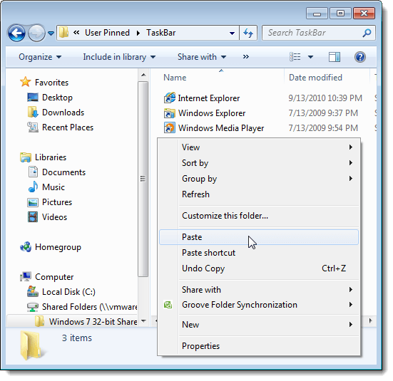 Pasting pinned items back into Taskbar folder