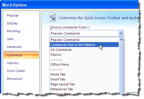 Selecting Commands Not in the Ribbon