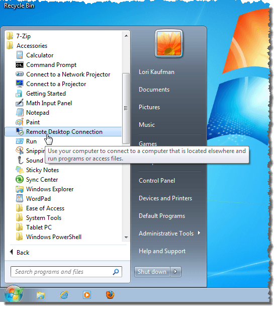 Opening Remote Desktop Connection