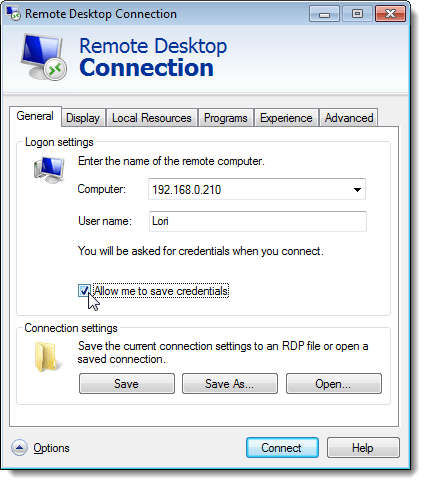 Allow me to save credentials option on Remote Desktop Connection dialog box