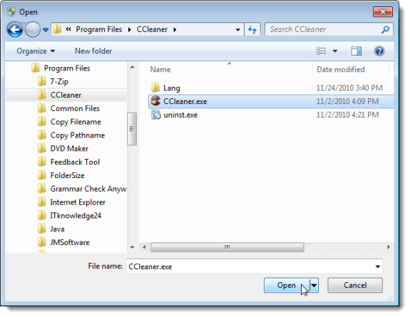 Selecting the CCleaner.exe file