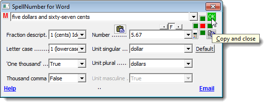 Clicking OK to copy the spelled out number and close the dialog box