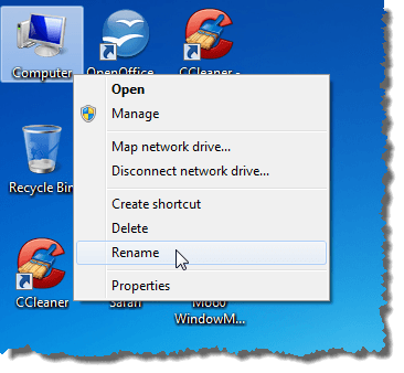 Selecting Rename for a desktop icon