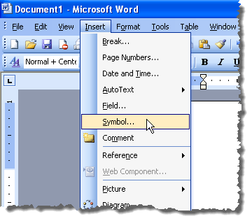 Selecting Symbol from the Insert menu in Word 2003