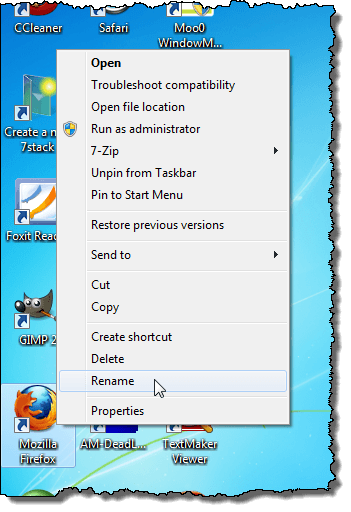 Selecting Rename for a shortcut icon