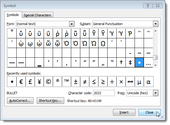 keyboard shortcut bullet point word
