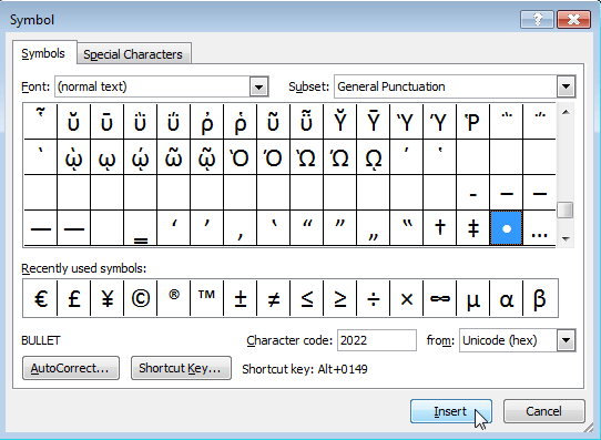 list of symbols in microsoft word