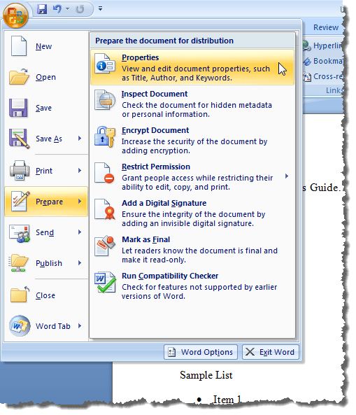 Selecting Prepare | Properties from the Office menu in Word 2007
