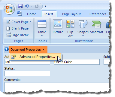 Selecting Advanced Properties in Word 2007