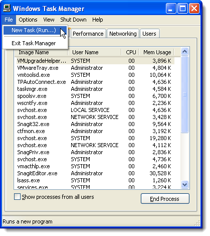 Selecting New Task in Windows XP