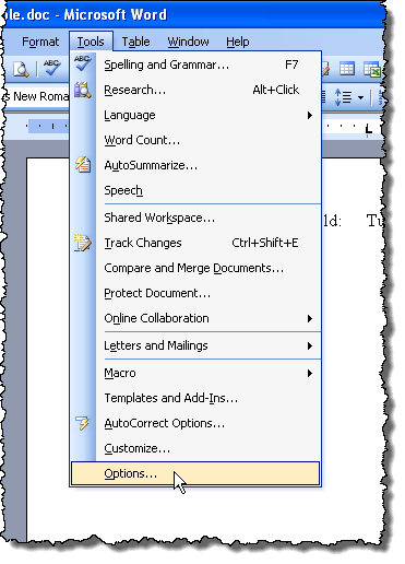 Выбор параметров в меню «Инструменты» в Word 2003