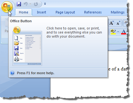 Нажатие кнопки Office в Word 2007