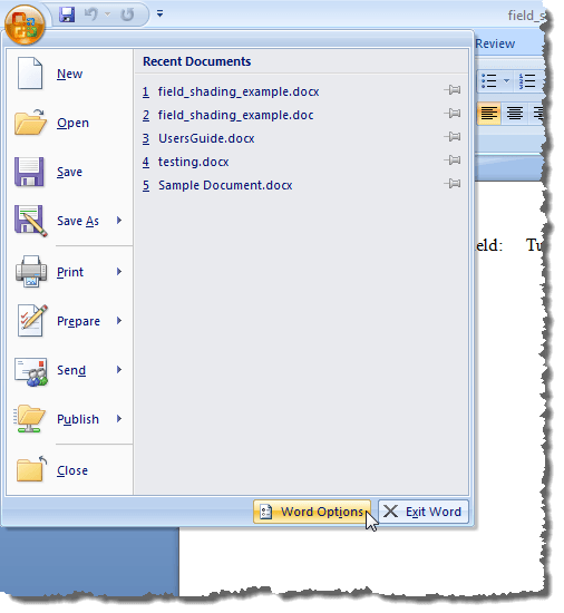 toggle the field codes off word 2008 for mac