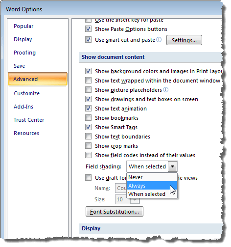 display field codes word 2016