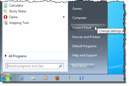 Открытие панели управления в Windows 7