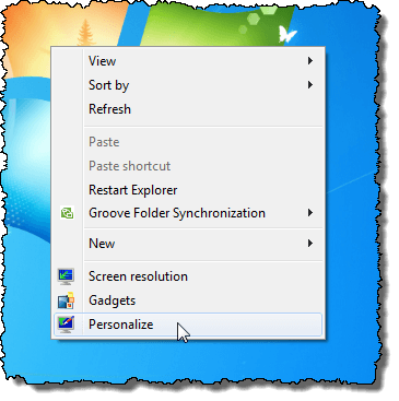 Selecting Personalize in Windows 7