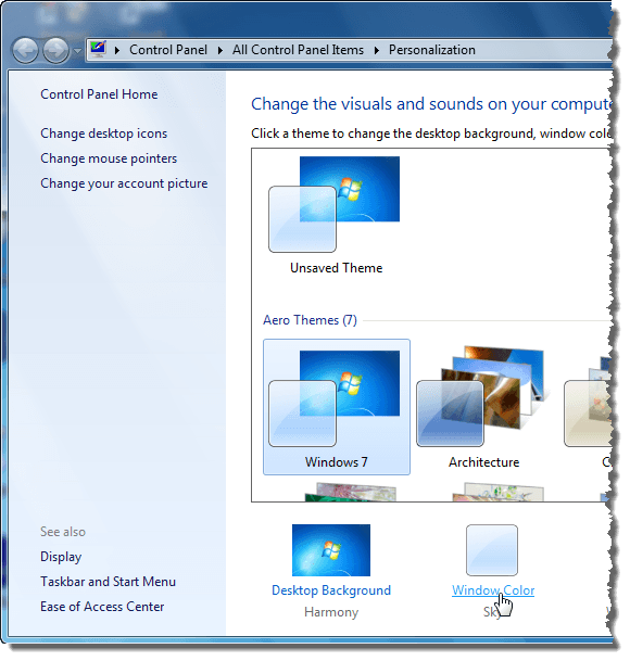 Clicking Window Color on Personalization window in Windows 7