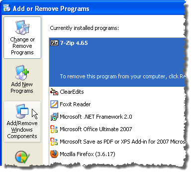 Clicking Add/Remove Windows Components in Windows XP