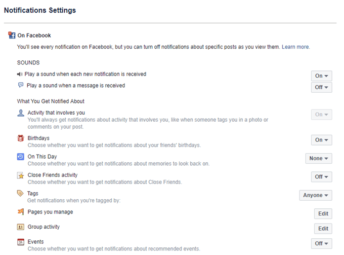 facebook how to turn off notifications windows 10