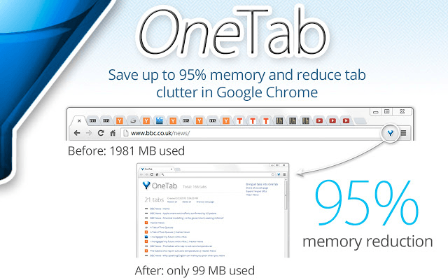 Manage Web Browser Tab Clutter & Save RAM with OneTab for Google Chrome