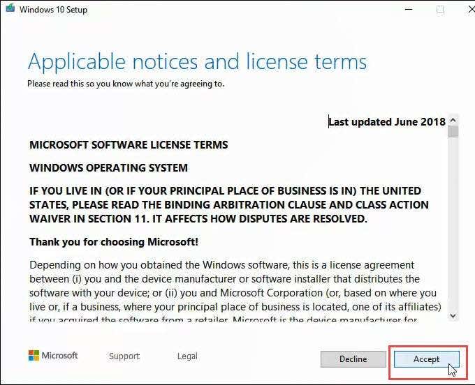 Windows 10 Setup - License Term and Agreement