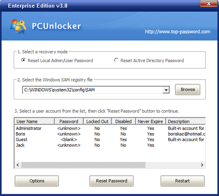 PC Unlocker screen