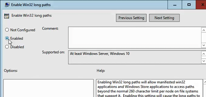 group policy enable Win32 long paths enabled