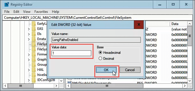 regedit long path enabled change value