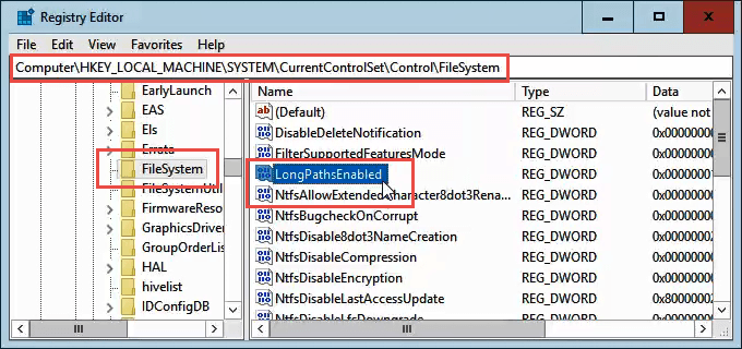 regedit long path enabled