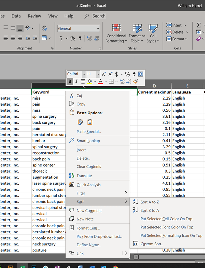 can i sort table columns together in excel for mac