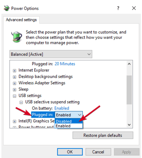 disabling usb selective suspend setting in power options