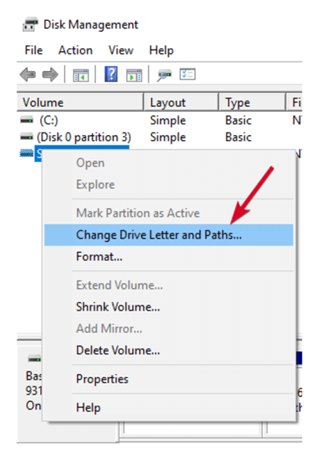 changing drive letter in disk management tool