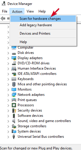 scanning for hardware changes in device manager