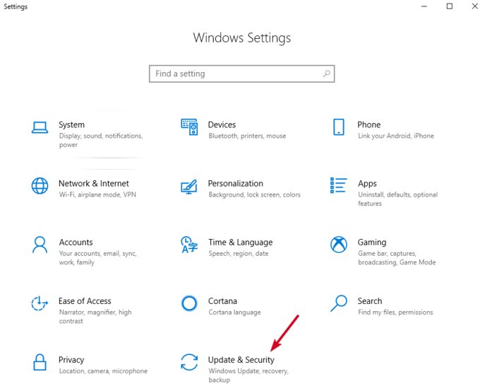 update & security icon in windows settings