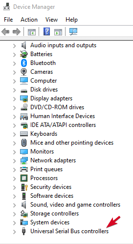 selecting universal serial bus controllers in device manager