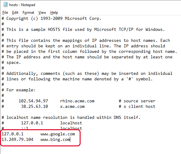 où est la déclaration d'hôte local dans Windows XP